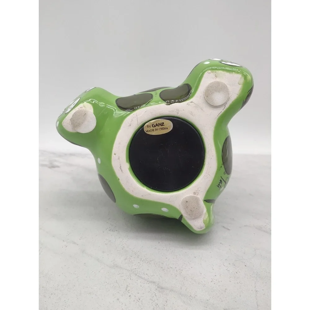 Ganz Ceramic Piggy Bank Kitty Cat Green Apples Painted Signed Pati 5 Inch